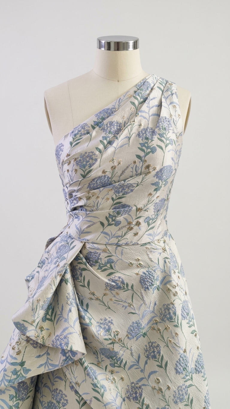 One-Shoulder Floral Brocade Ruffled Maxi Dress