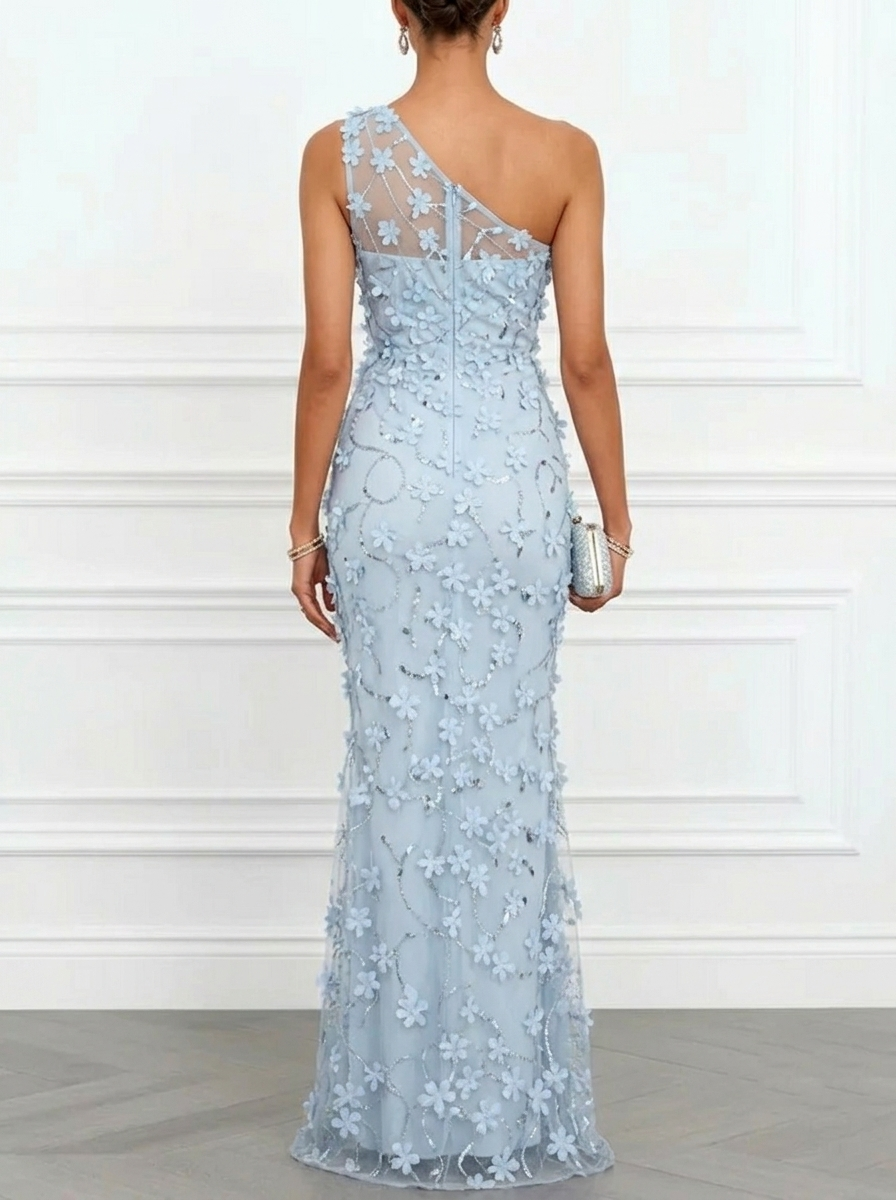 One-Shoulder Floral Appliqué Chiffon Gown