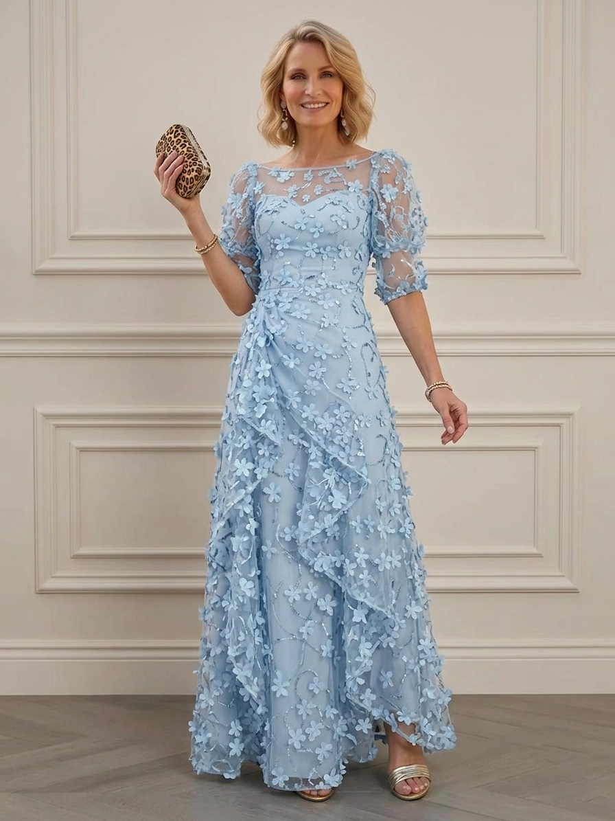 3D Floral Appliqué Puff-Sleeve Chiffon Evening Gown