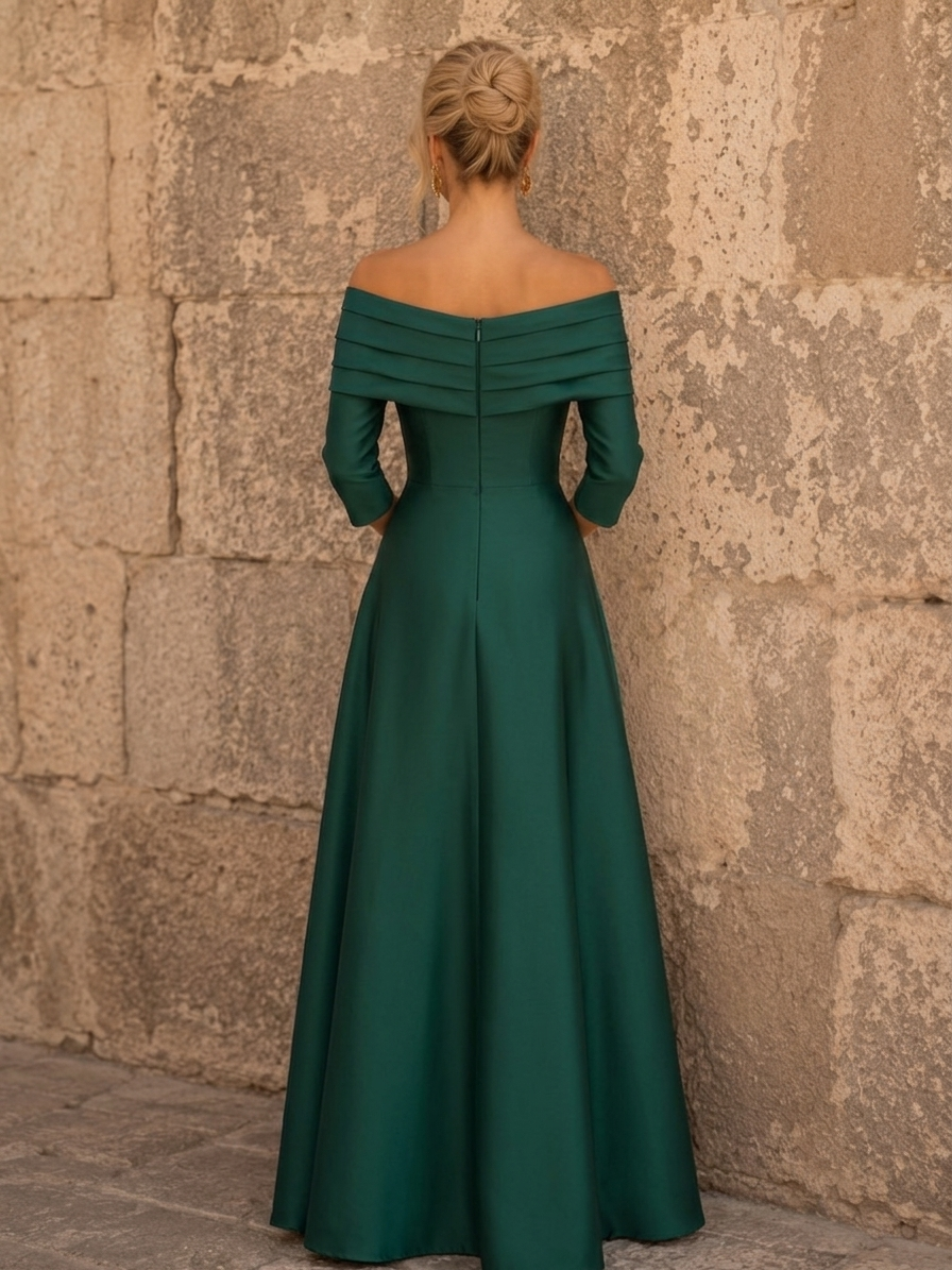 Off-the-Shoulder Pleated Satin Evening Gown
