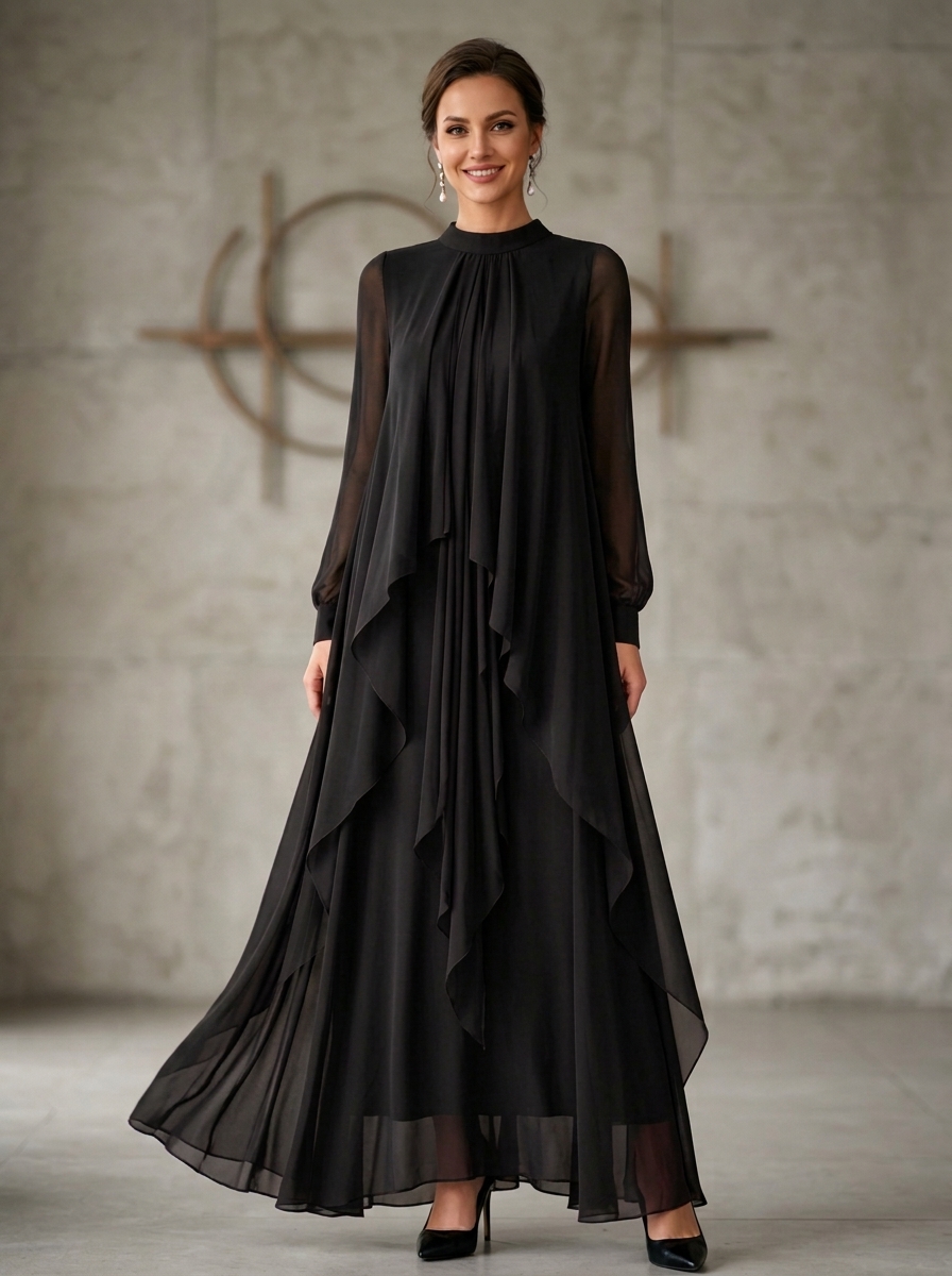 High Neck Long Sleeve Tiered Asymmetric Chiffon Evening Gown