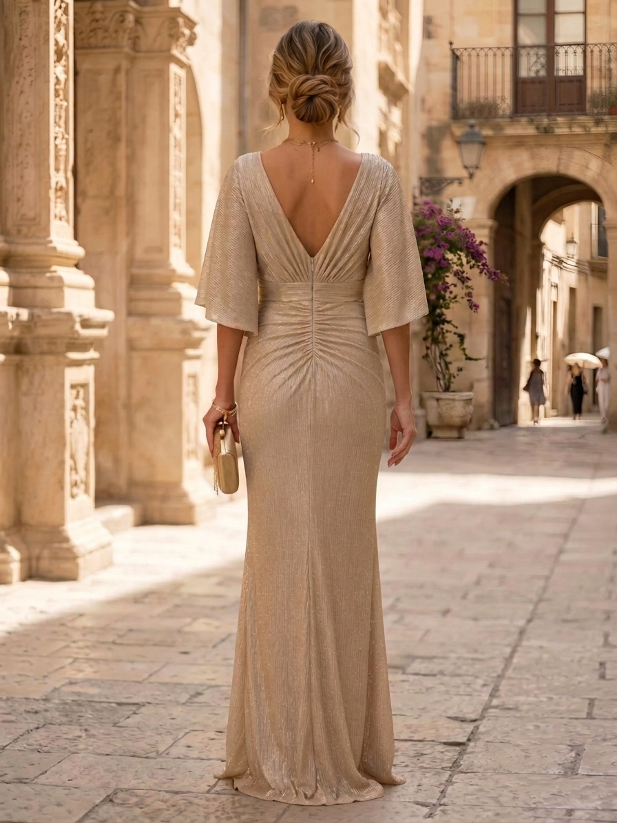 Satin Mermaid V Neck Short Sleeves Maxi Cocktail Dresses
