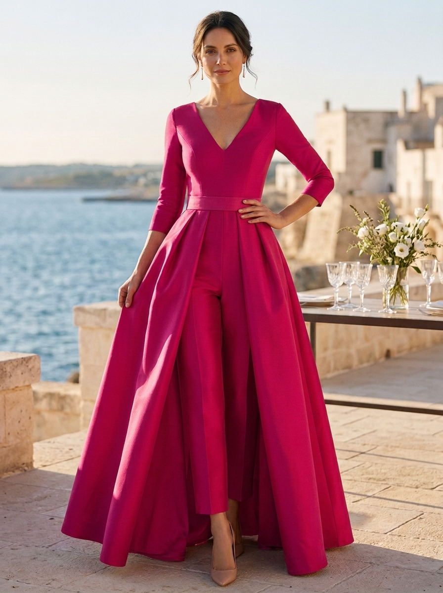 V-Neck 3/4 Sleeve Satin Jumpsuit With Overskirt and Bow Detail