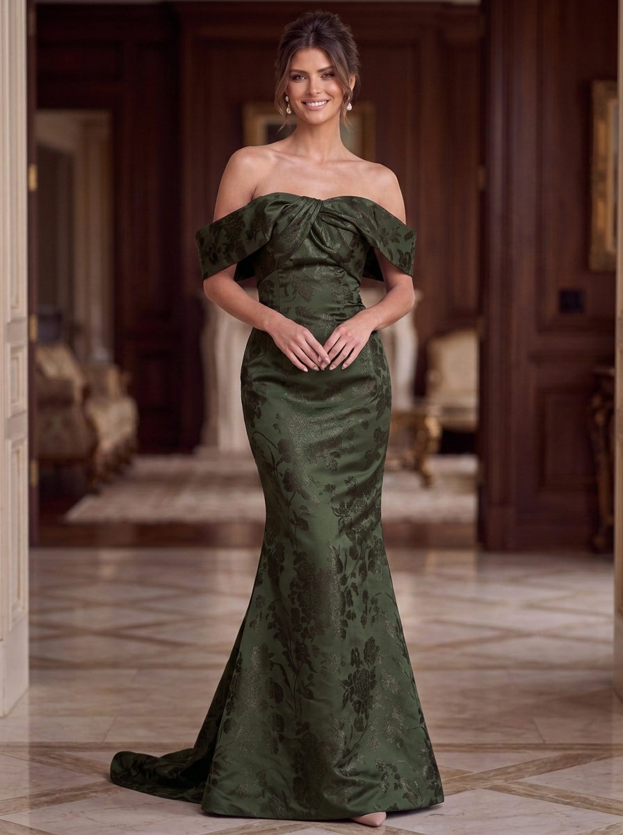 Off-Shoulder Floral Jacquard Mermaid Evening Gown