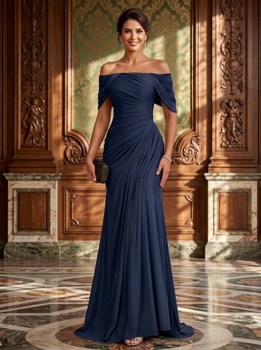 Off-Shoulder Ruched Chiffon Mermaid Evening Gown