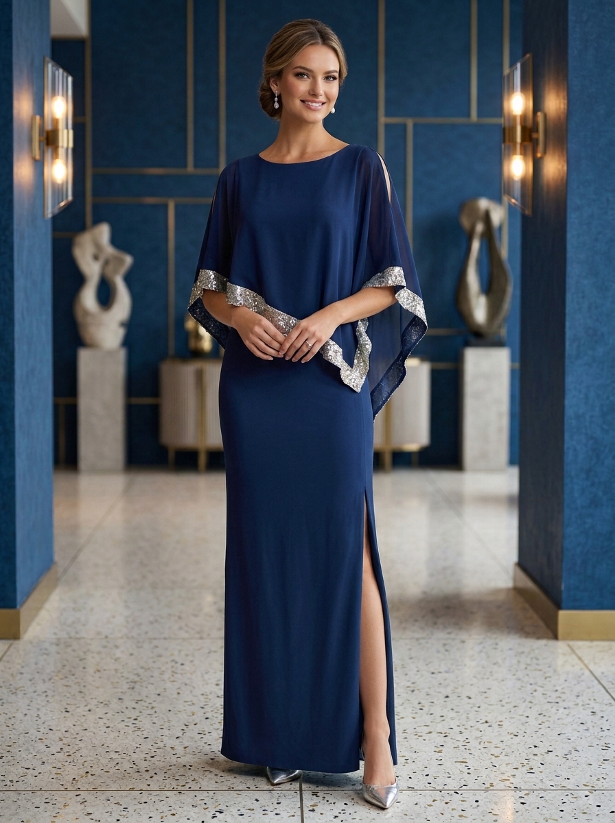 Cold-Shoulder Sequin Trimmed Chiffon Capelet Crepe Evening Gown With Slit