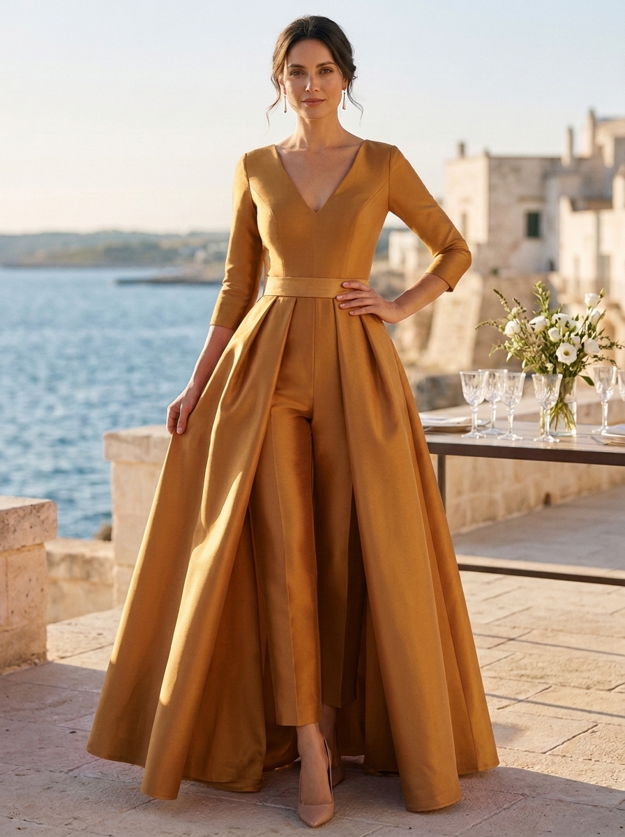 V-Neck 3/4 Sleeve Satin Jumpsuit With Overskirt and Bow Detail