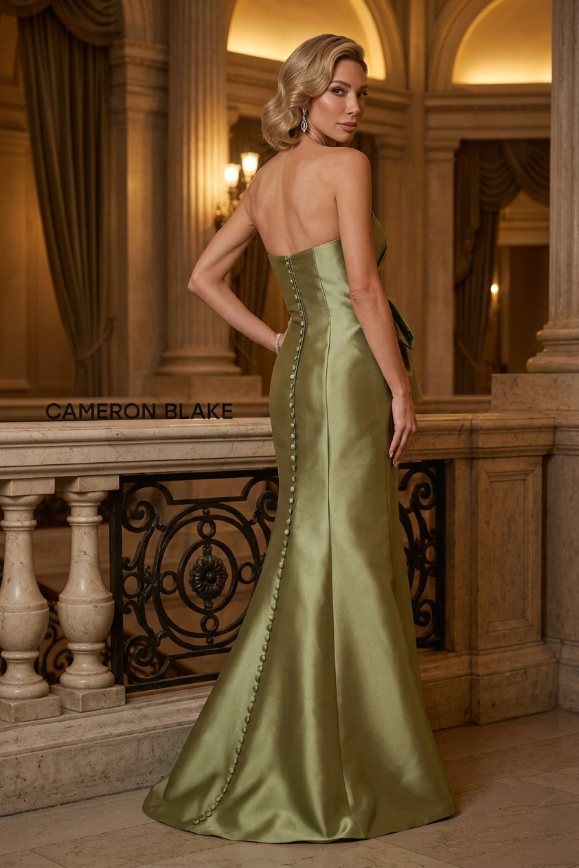 Strapless Pleated Satin Evening Gown with Bow Accent