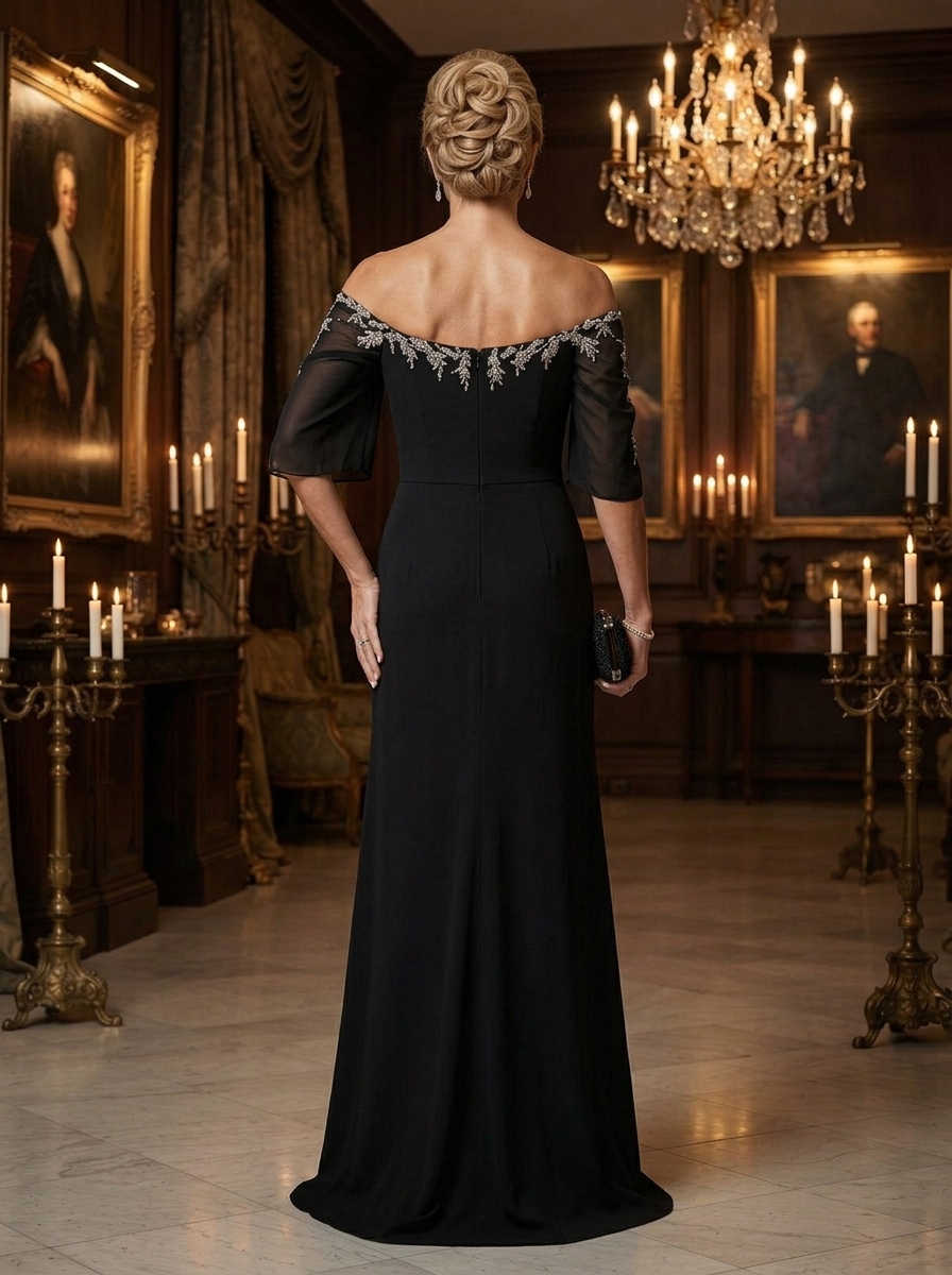 Off-The-Shoulder Beaded Chiffon Evening Gown