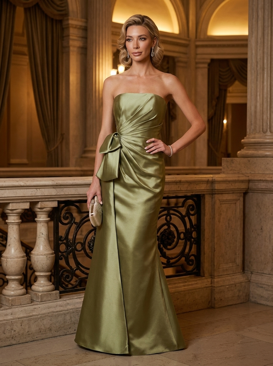 Strapless Pleated Satin Evening Gown with Bow Accent