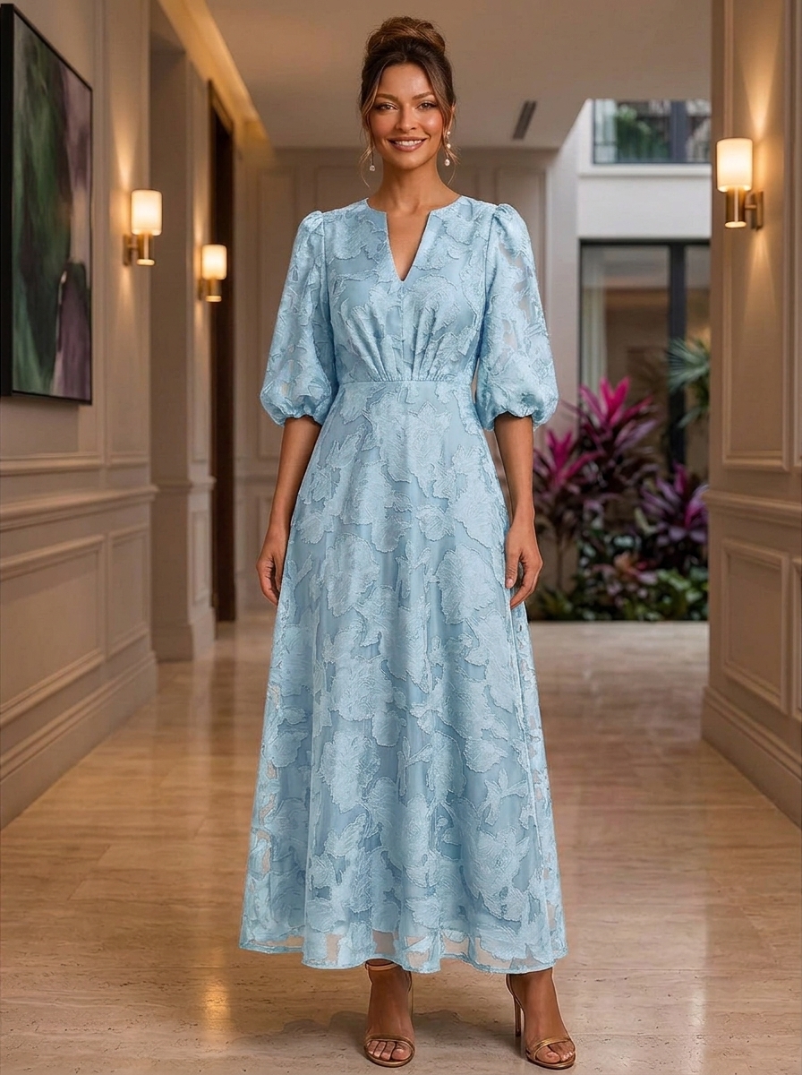 3/4 Puff Sleeve Floral Jacquard Organza Evening Gown With Notch Neckline