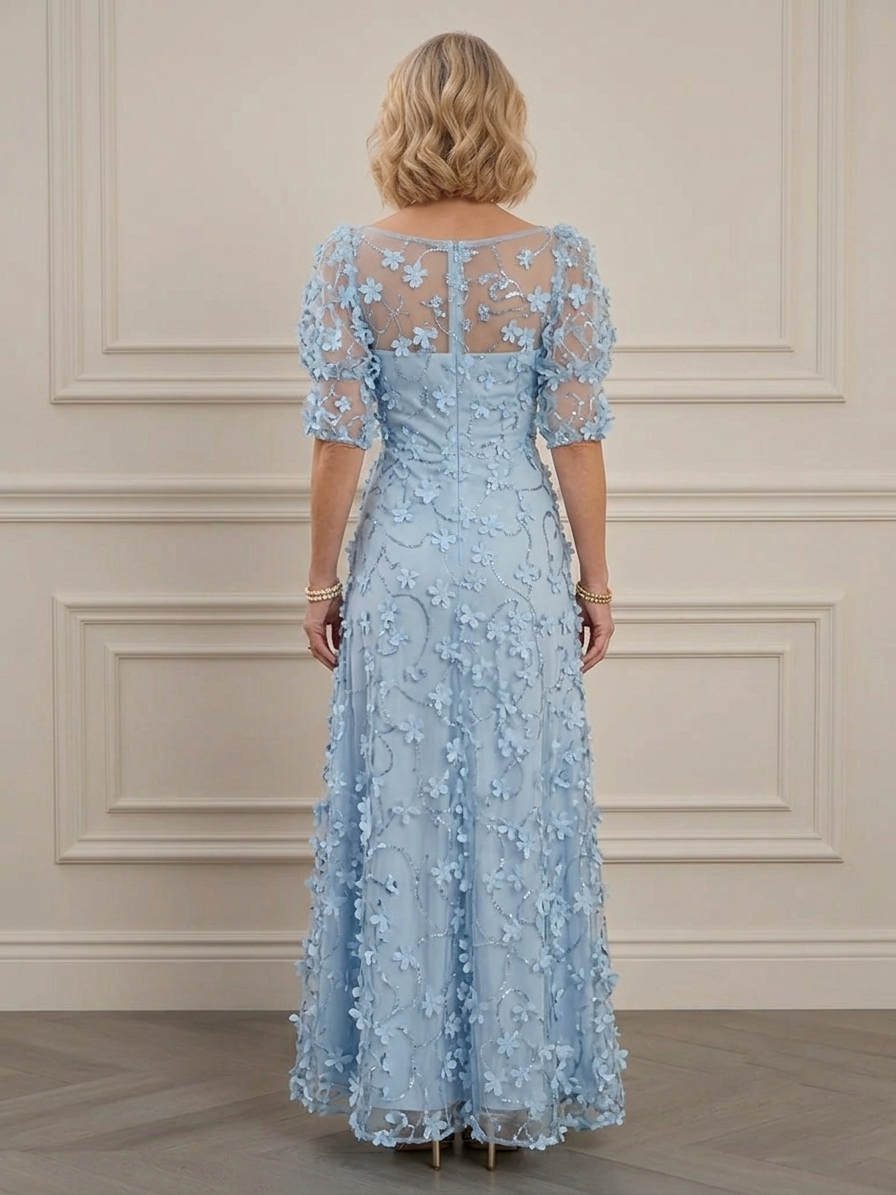 3D Floral Appliqué Puff-Sleeve Chiffon Evening Gown