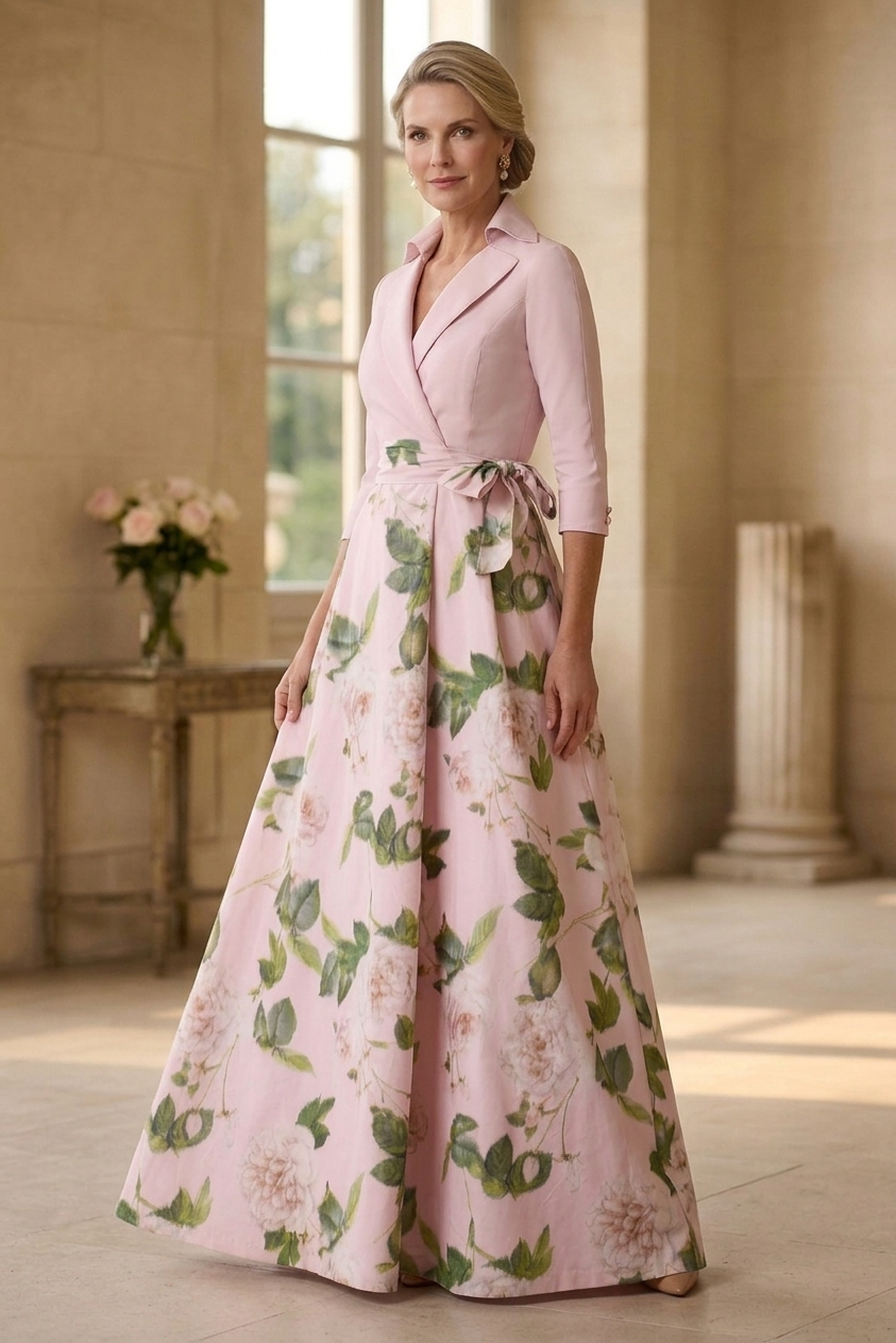 Lapel Collar Floral Print Taffeta Evening Gown