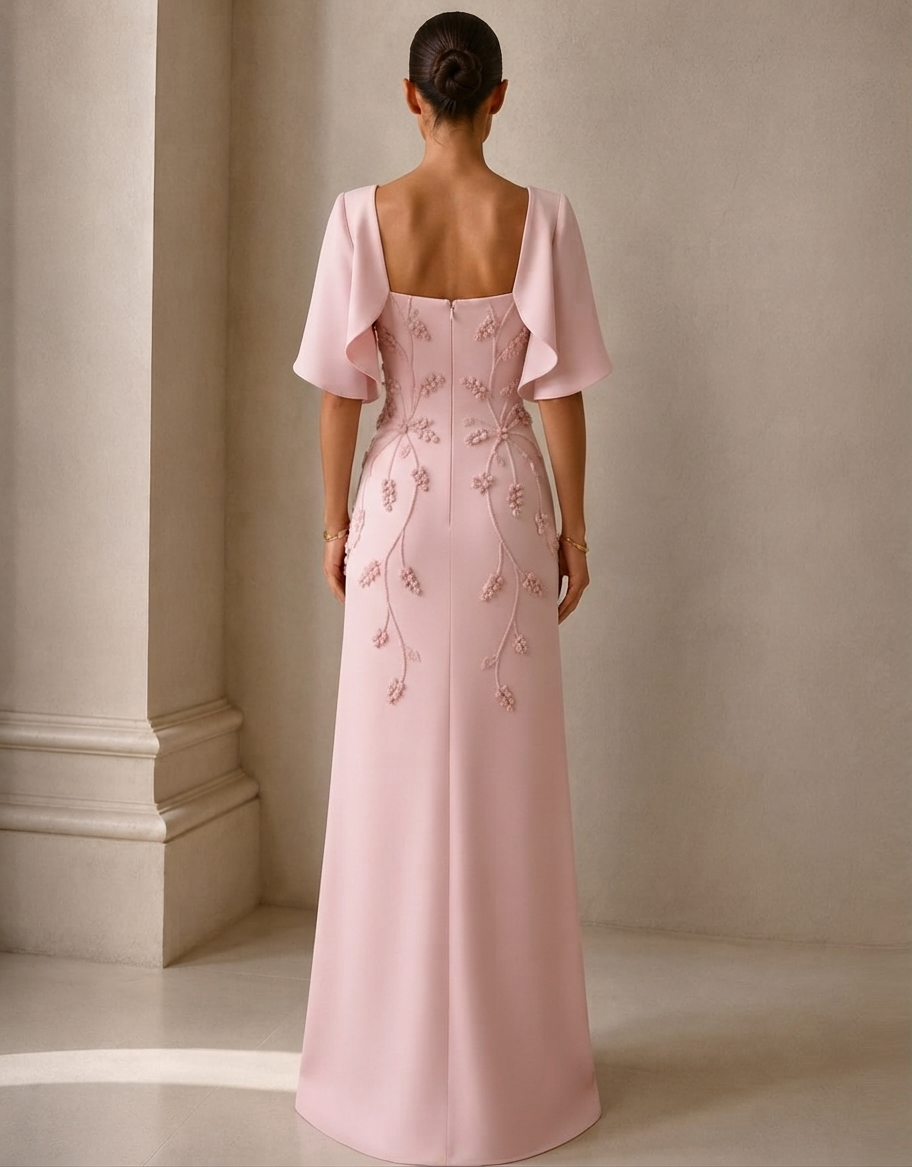 Elegant 3D Floral Appliqué Square-Neck A-Line Gown