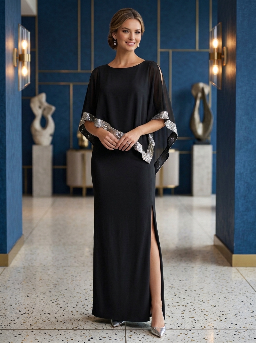 Cold-Shoulder Sequin Trimmed Chiffon Capelet Crepe Evening Gown With Slit