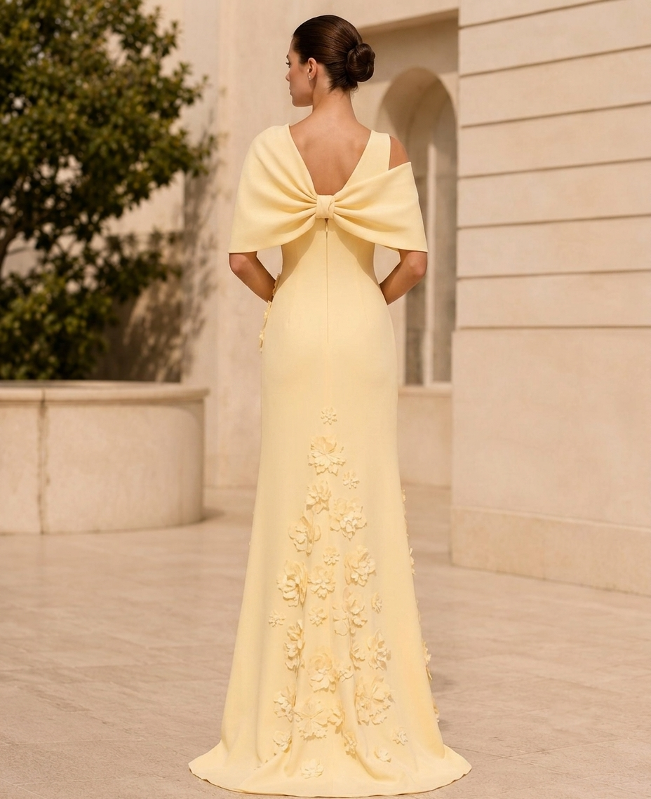 Elegant Cape-Style 3D Floral Appliqué Evening Gown