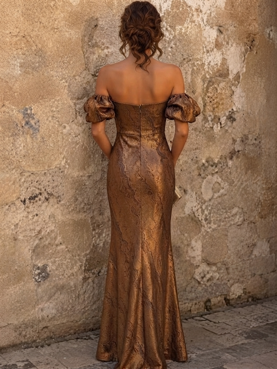 Metallic Brocade Off-The-Shoulder Column Evening Gown