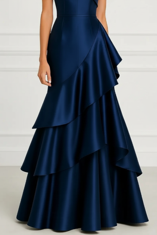 Formal Evening Dress Dark Blue Off-Shoulder Satin Tiered Maxi Gown