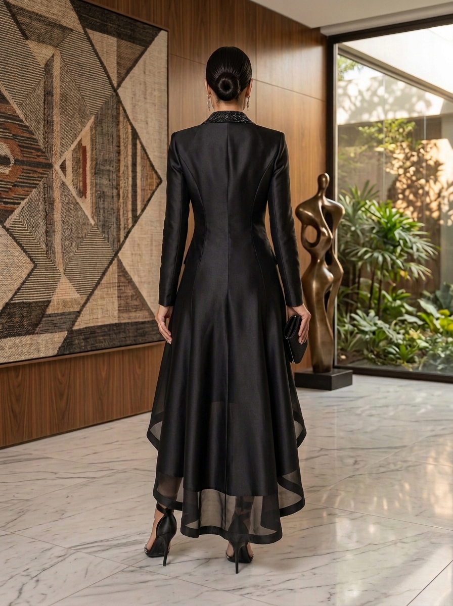 Long Sleeve Rhinestone Collar Satin Tuxedo Evening Dress With High-Low Organza Hem