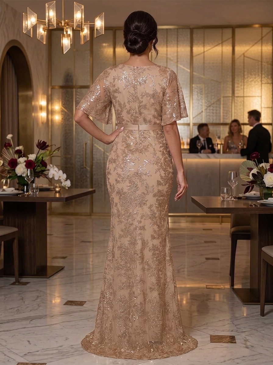 V-Neck Short Sleeve Embroidered Evening Gown