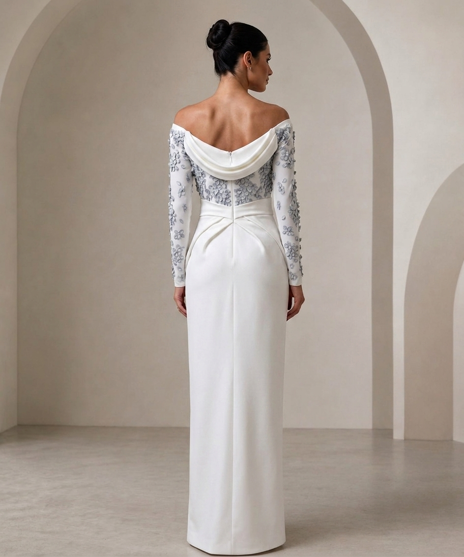 Off-the-Shoulder 3D Floral Appliqué Evening Gown