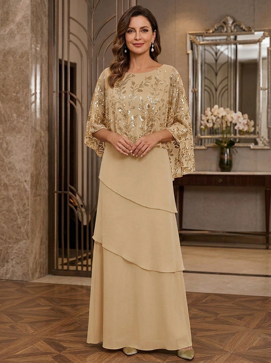 Sequin Embroidered Capelet Chiffon Tiered Evening Gown