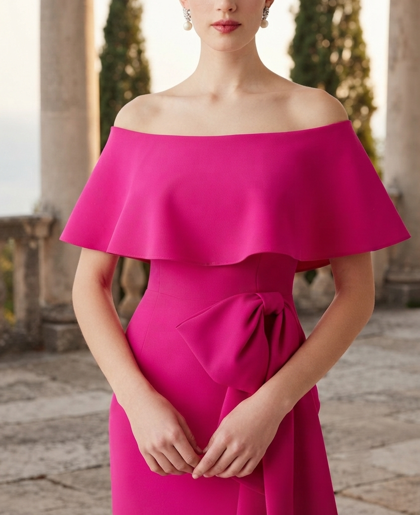 Off-The-Shoulder Ruffled Fuchia Column Evening Gown