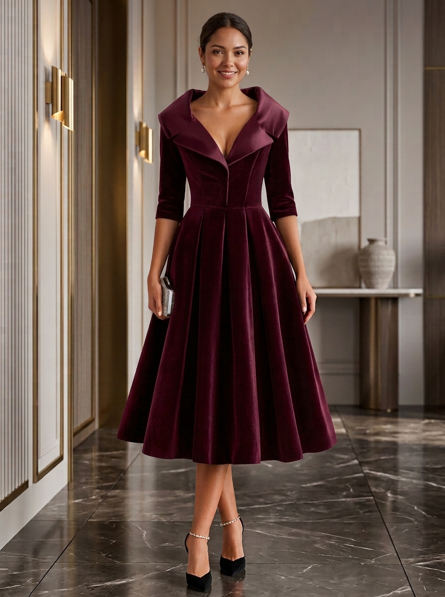 3/4 Sleeve Portrait Lapel Velvet Midi Cocktail Dress