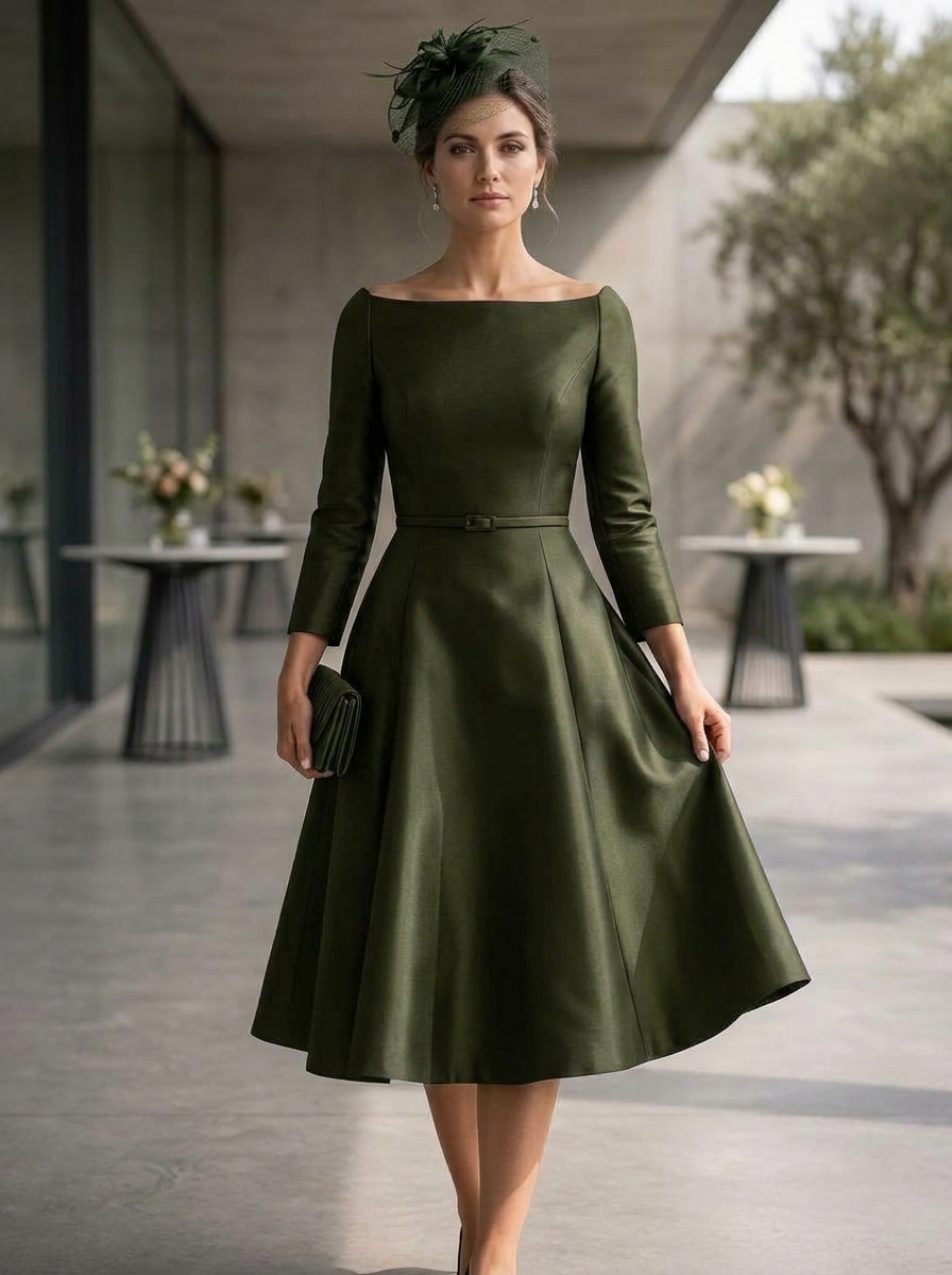 Off-The-Shoulder 3/4 Sleeve Mikado Satin Midi A-Line Dress With Belt