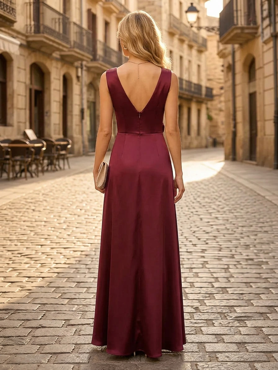 Satin Mermaid Boat Neck Long Formal Dresses with Flowers
