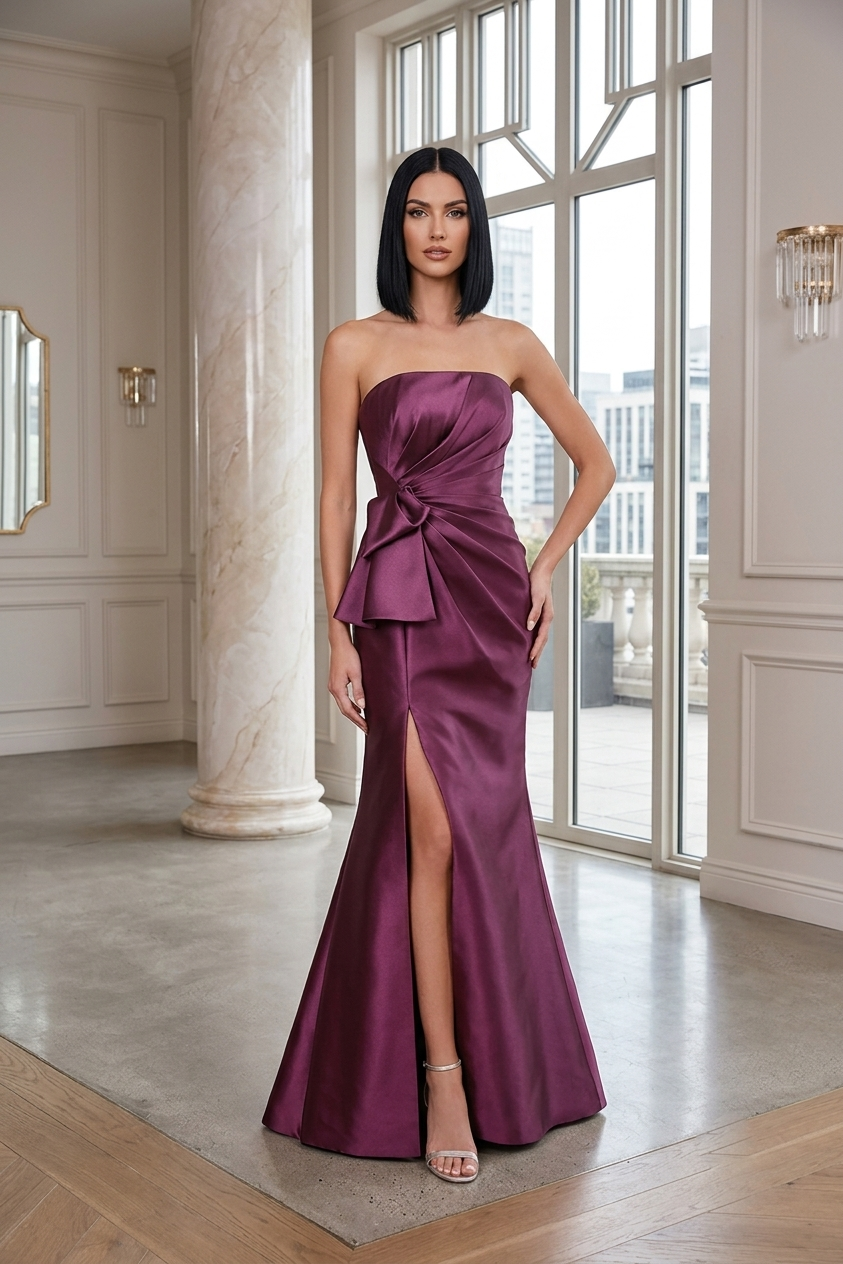 Strapless Pleated Satin Evening Gown with Bow Accent