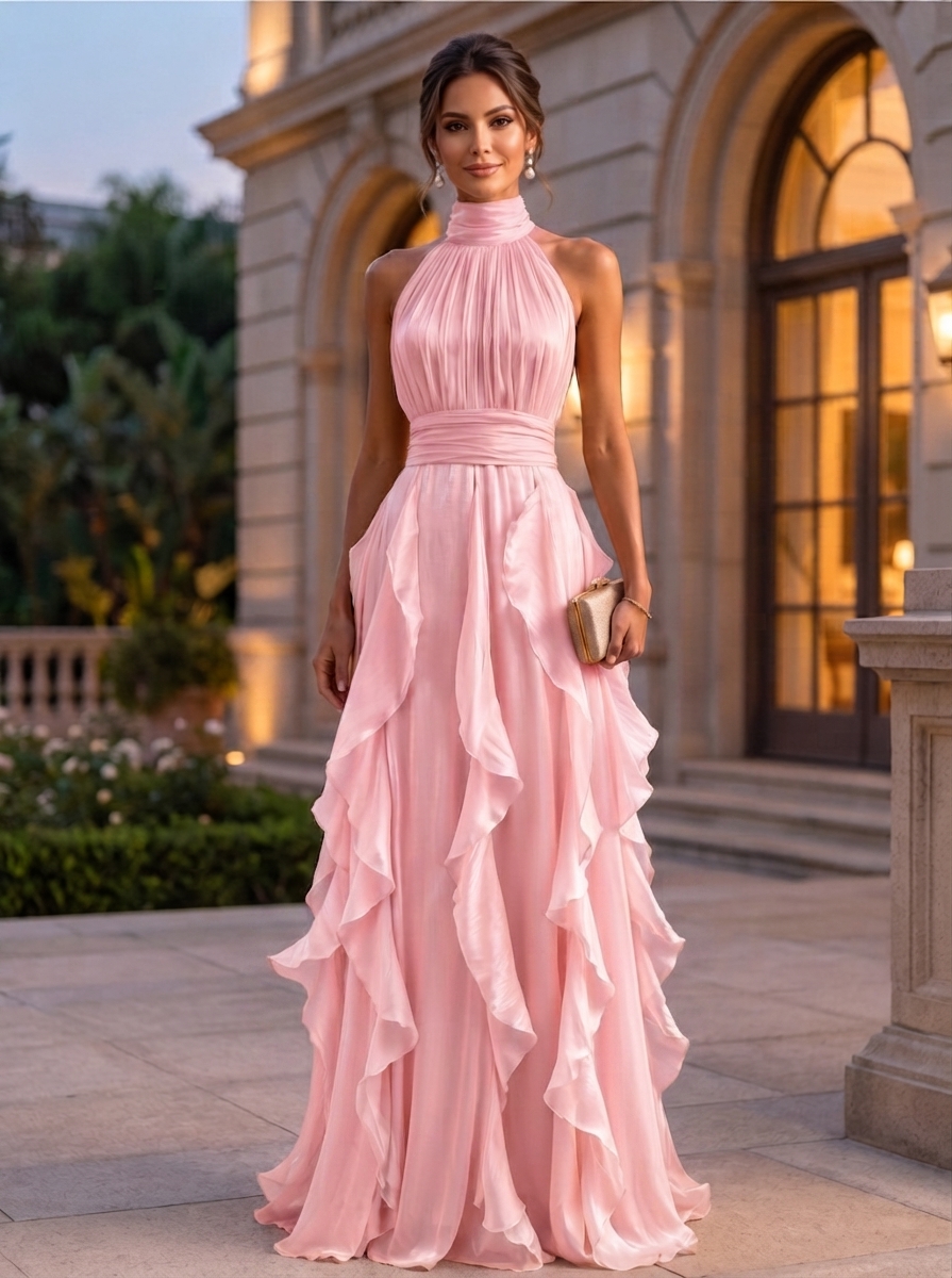 High Neck Ruffled Satin Halter Evening Gown