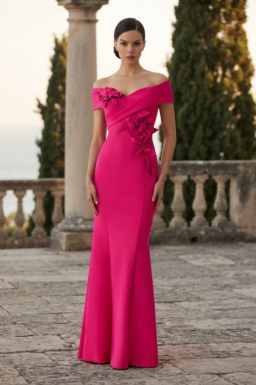 3D Floral Appliqué Off-the-Shoulder Mermaid Evening Gown