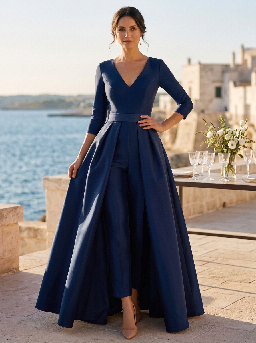 V-Neck 3/4 Sleeve Satin Jumpsuit With Overskirt and Bow Detail