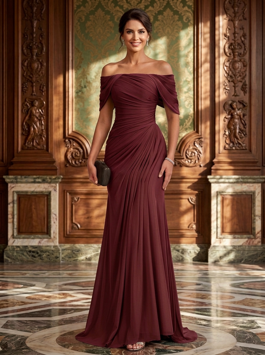 Off-Shoulder Ruched Chiffon Mermaid Evening Gown
