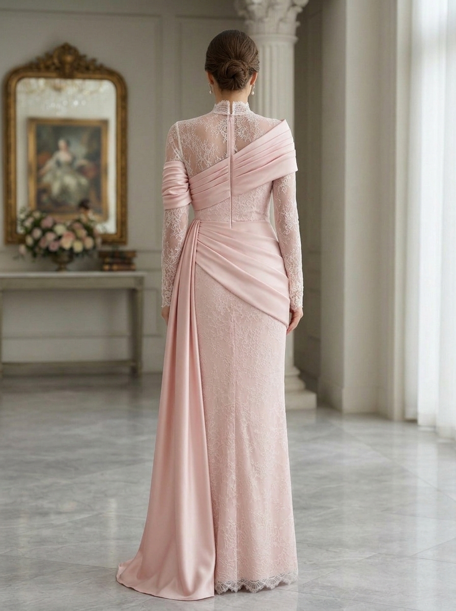 High Neck Long Sleeve Lace Evening Gown With Satin Drape Overlay