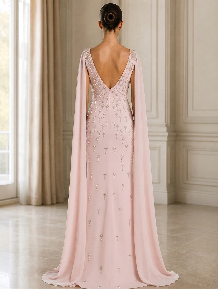 Beaded Chiffon Capelet Floor-Length Evening Dress