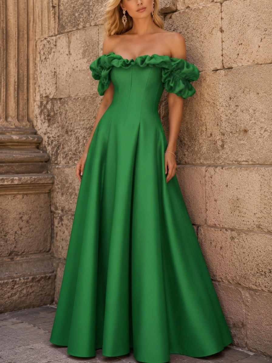 Off-the-Shoulder Ruffled Puff-Sleeve Satin Evening Gown