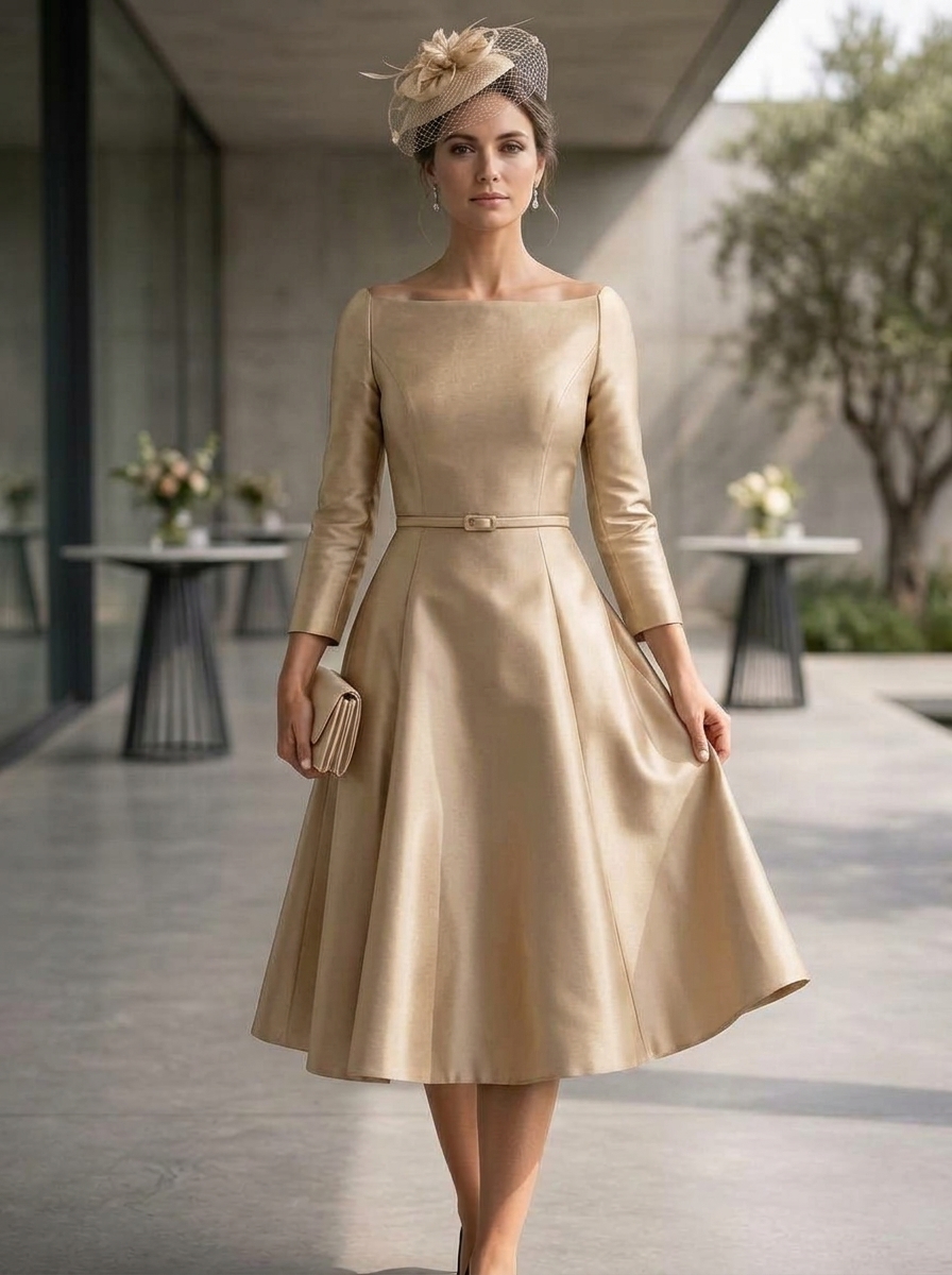 Off-The-Shoulder 3/4 Sleeve Mikado Satin Midi A-Line Dress With Belt