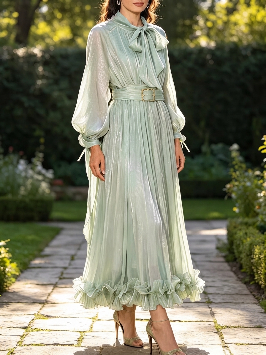 Bow Tie Neck Long Sleeve Pleated Metallic Maxi Dress