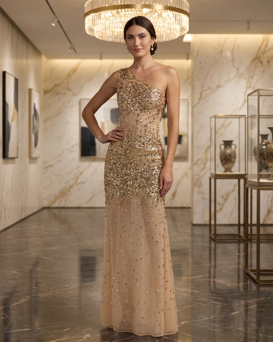 One-Shoulder Sequin Beaded Tulle Evening Gown