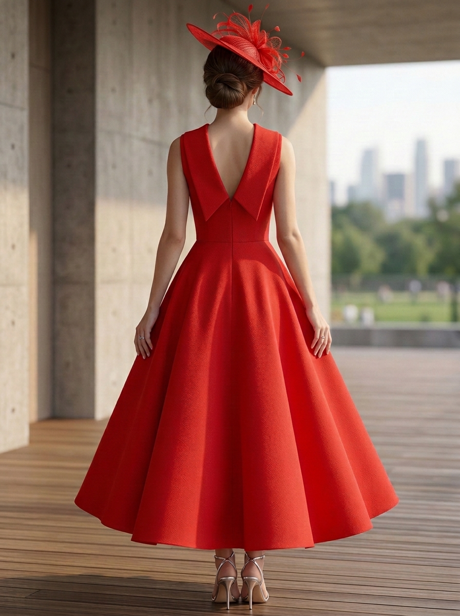 Sleeveless High Neck Mikado Satin Ankle-Length A-Line Dress With Contrast Bow