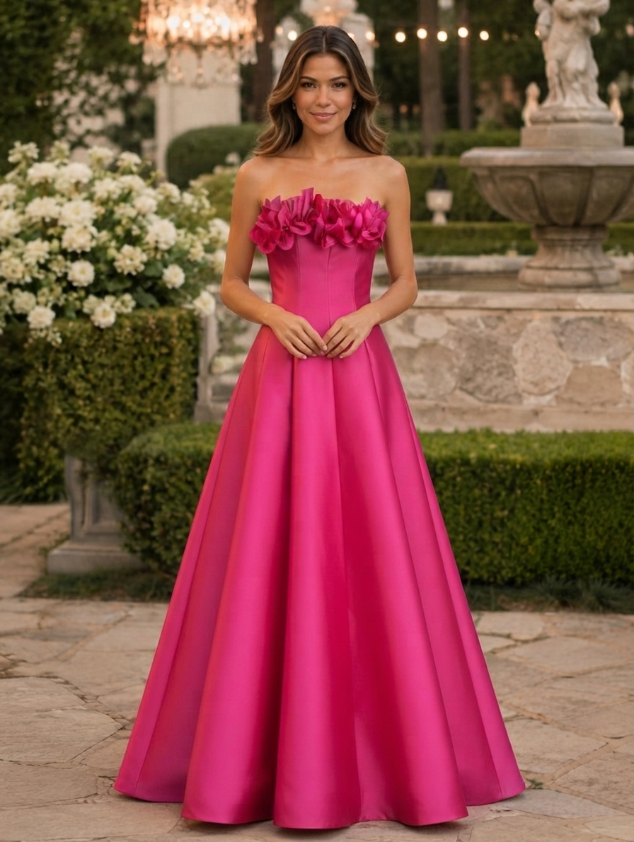Strapless Pleated Bodice Floral Applique Satin Evening Gown