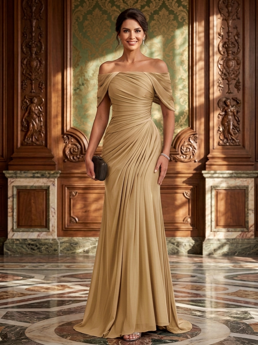 Off-Shoulder Ruched Chiffon Mermaid Evening Gown