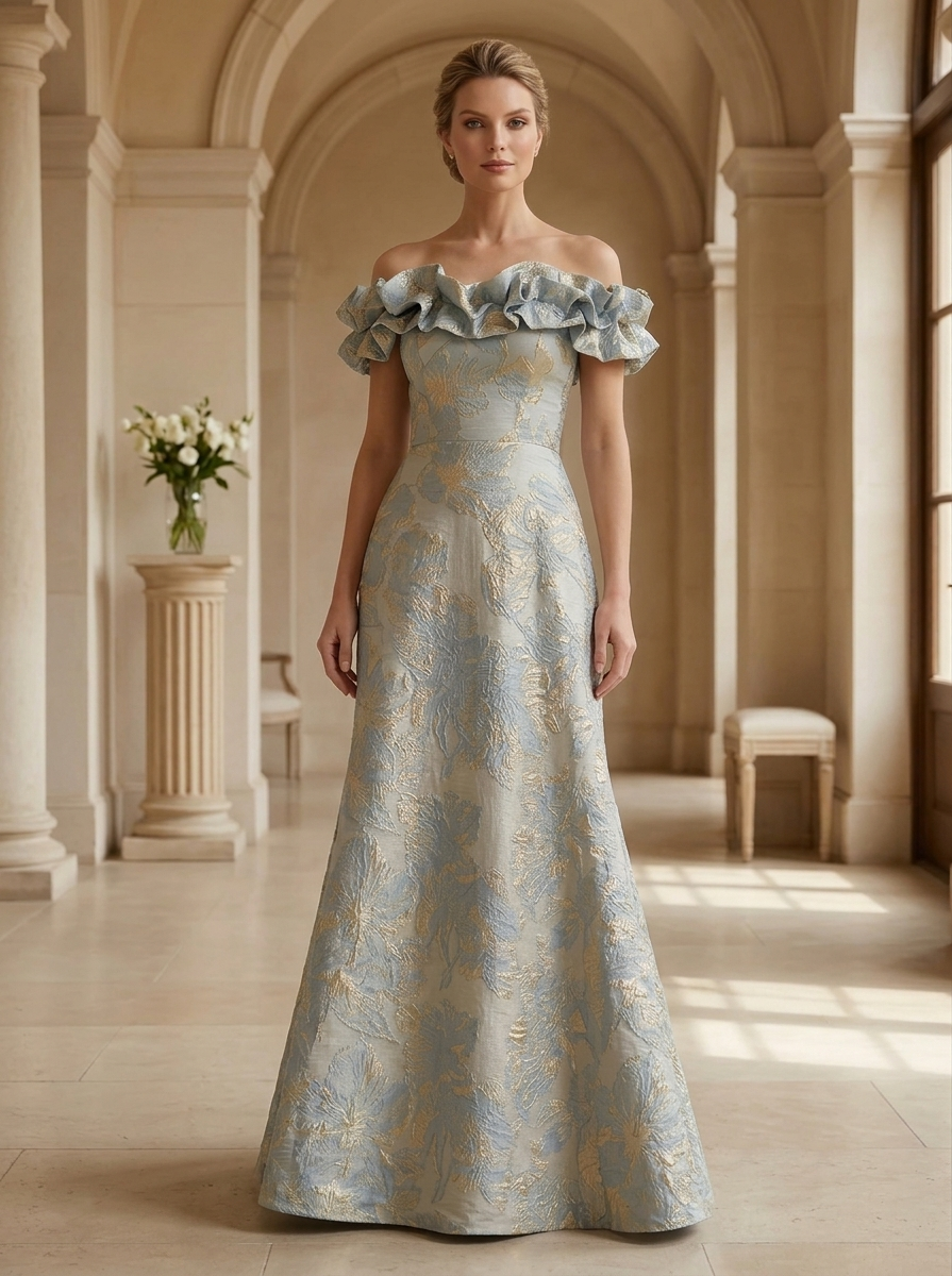 Off-the-Shoulder Ruffled Jacquard Evening Gown