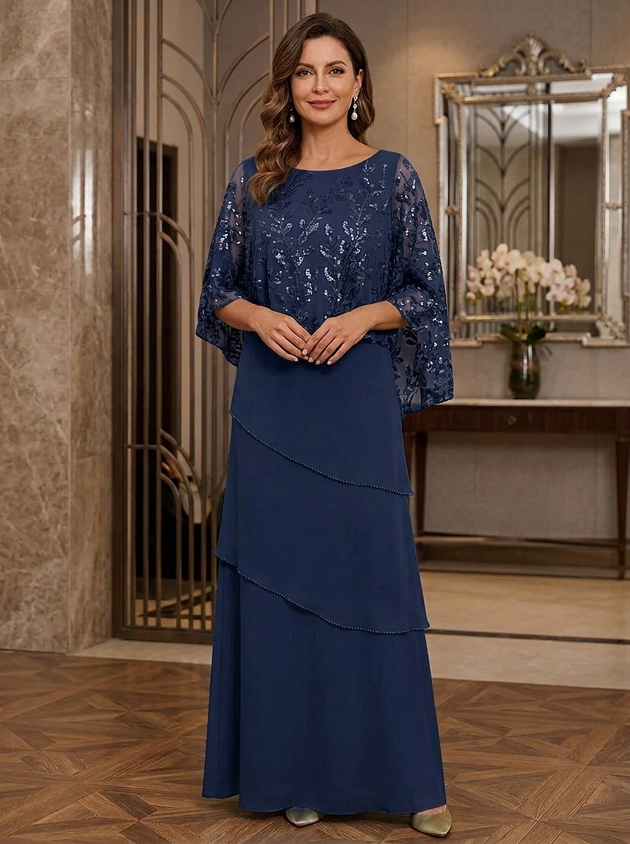 Sequin Embroidered Capelet Chiffon Tiered Evening Gown