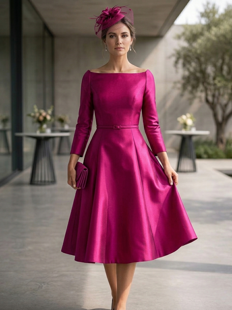 Off-The-Shoulder 3/4 Sleeve Mikado Satin Midi A-Line Dress With Belt
