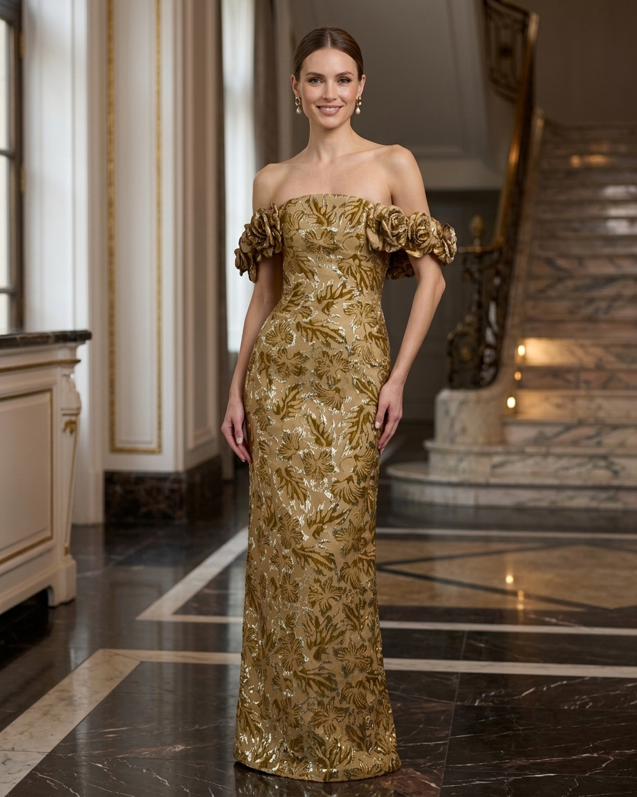 Off-Shoulder Floral Jacquard Evening Gown With 3D Rosettes