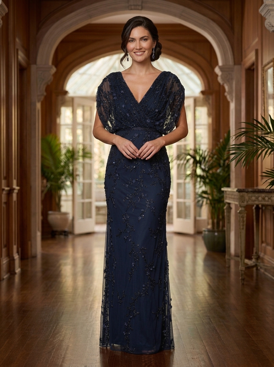 V-Neck Flutter Sleeve Beaded Mesh Evening Gown