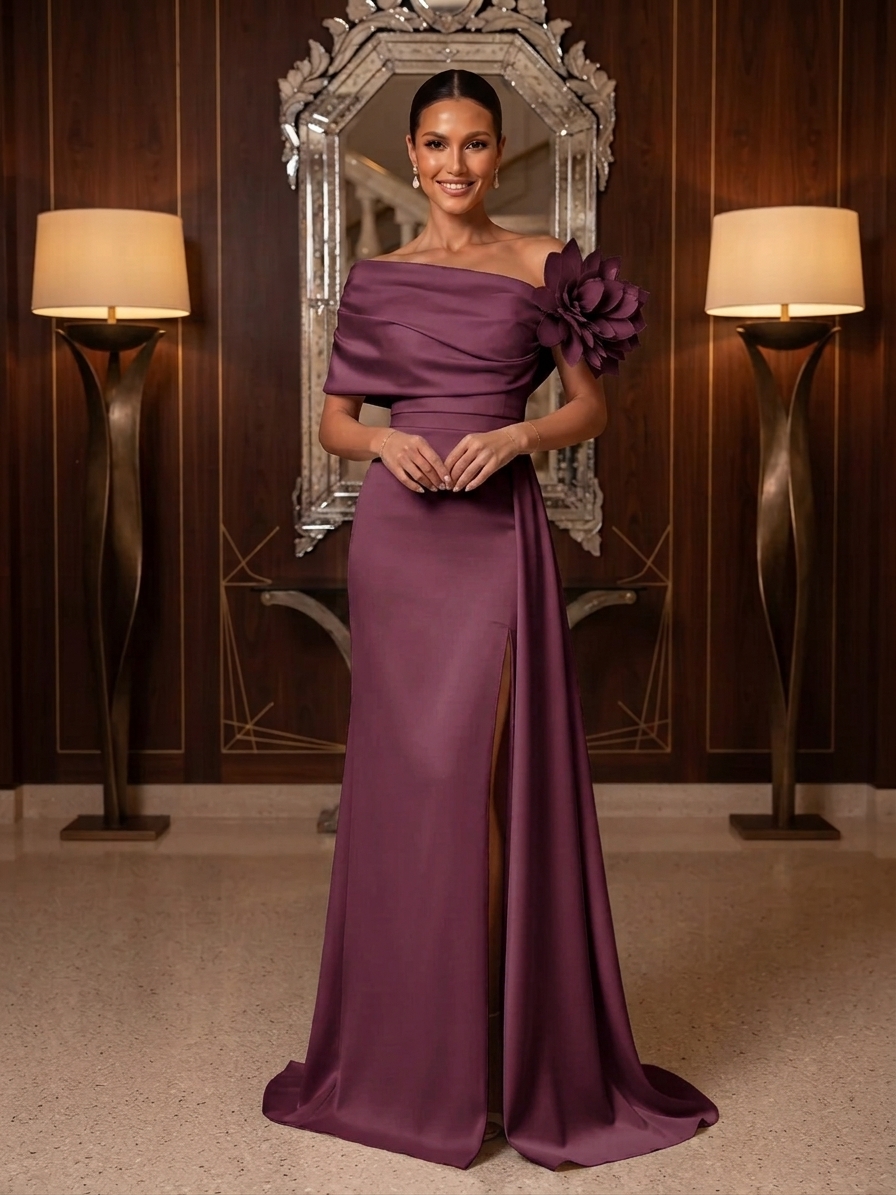 One-Shoulder Draped Satin Evening Gown With 3D Floral Applique